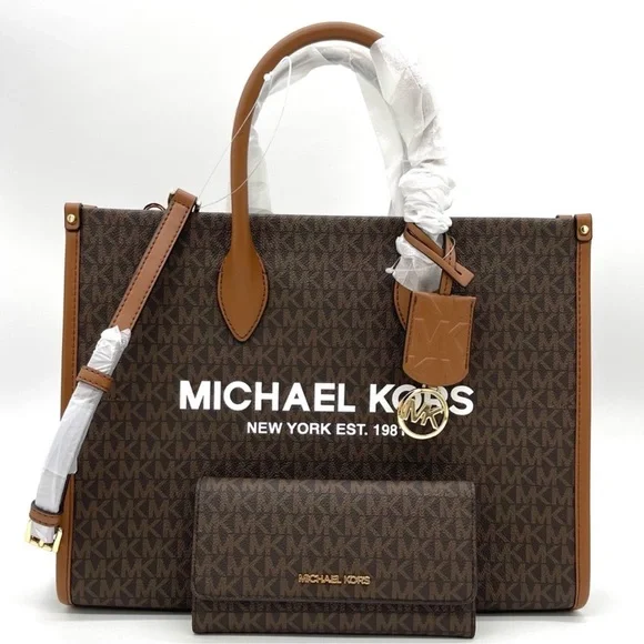 Michael Kors Mirella Medium EW Tote Bag & Trifold Wallet Brown - Picture 2 of 11